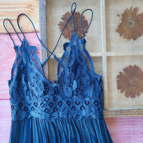 Free People Navy Blue Adella Lace Smocked Back Ruffle Hem Maxi Slip Dress Small - Picture 8 of 11